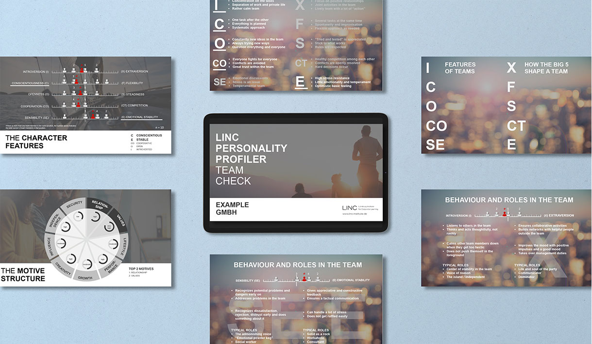 Various screenshots and mockups of the LINC Personality Profiler Team Checktool against a light blue background