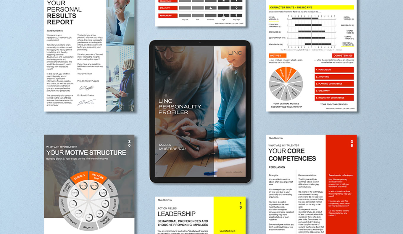 Various screenshots and mockups of the LINC Personality Profiler tool against a light blue background